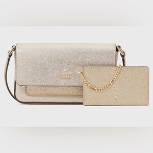 Kate Spade Glimmer Crossbody Duo Gold Bag Wallet Chain Purse Handbag Glitter
